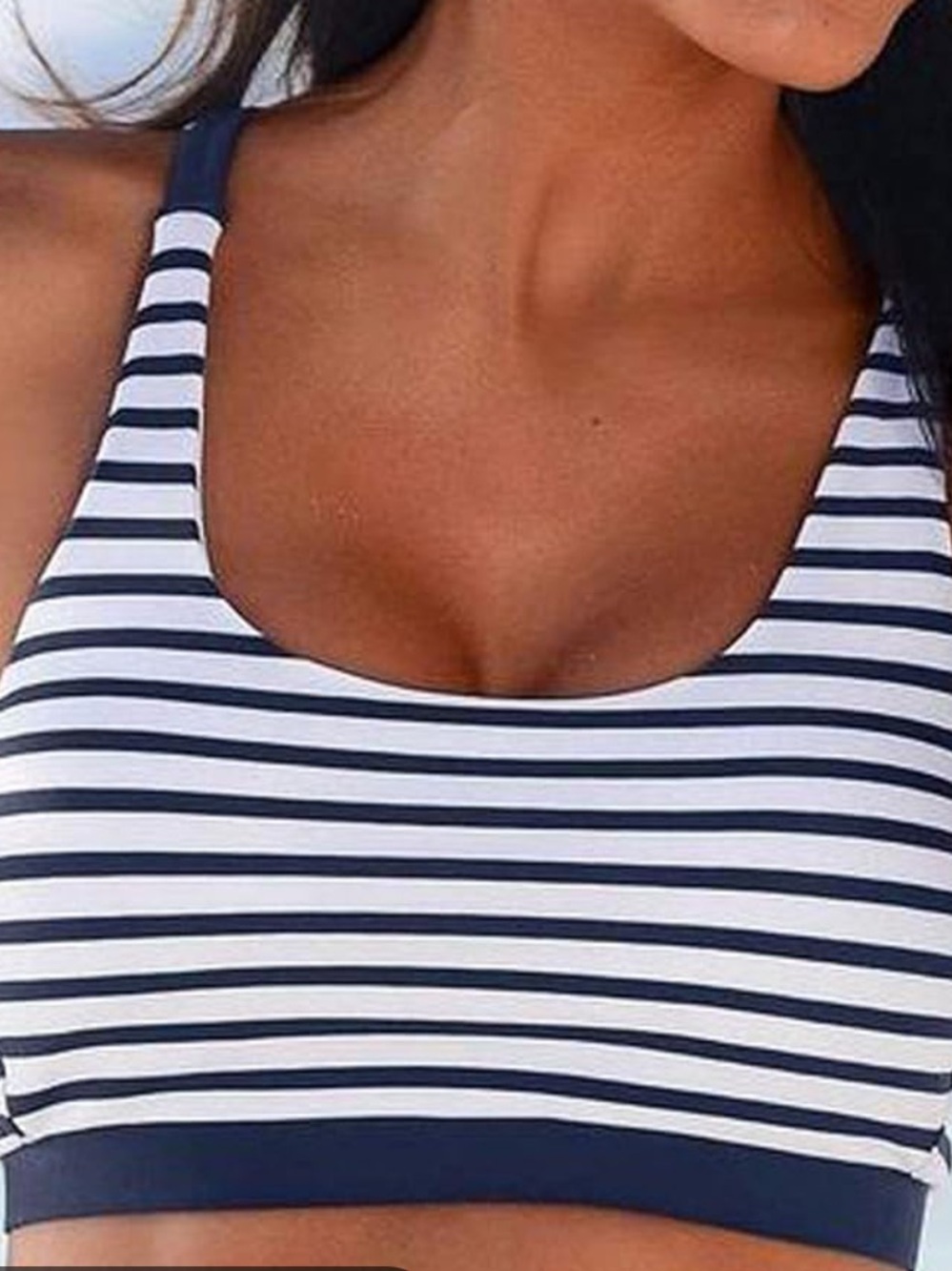navy blue white nautical scoop neck horizontal striped bikini top bralette style